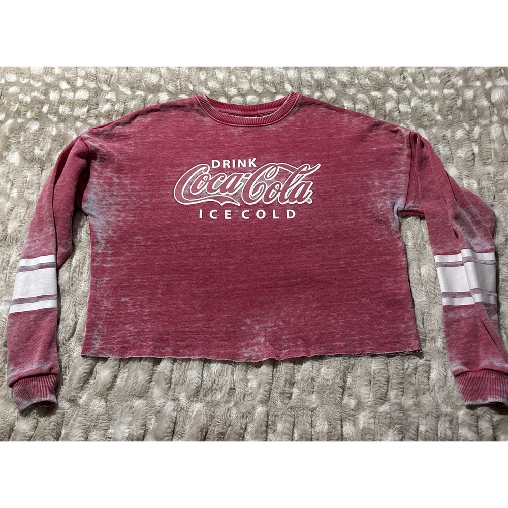 Coca-Cola Sexy Crop Retro Top Faded Red Long Sleeve Distressed Womens Small